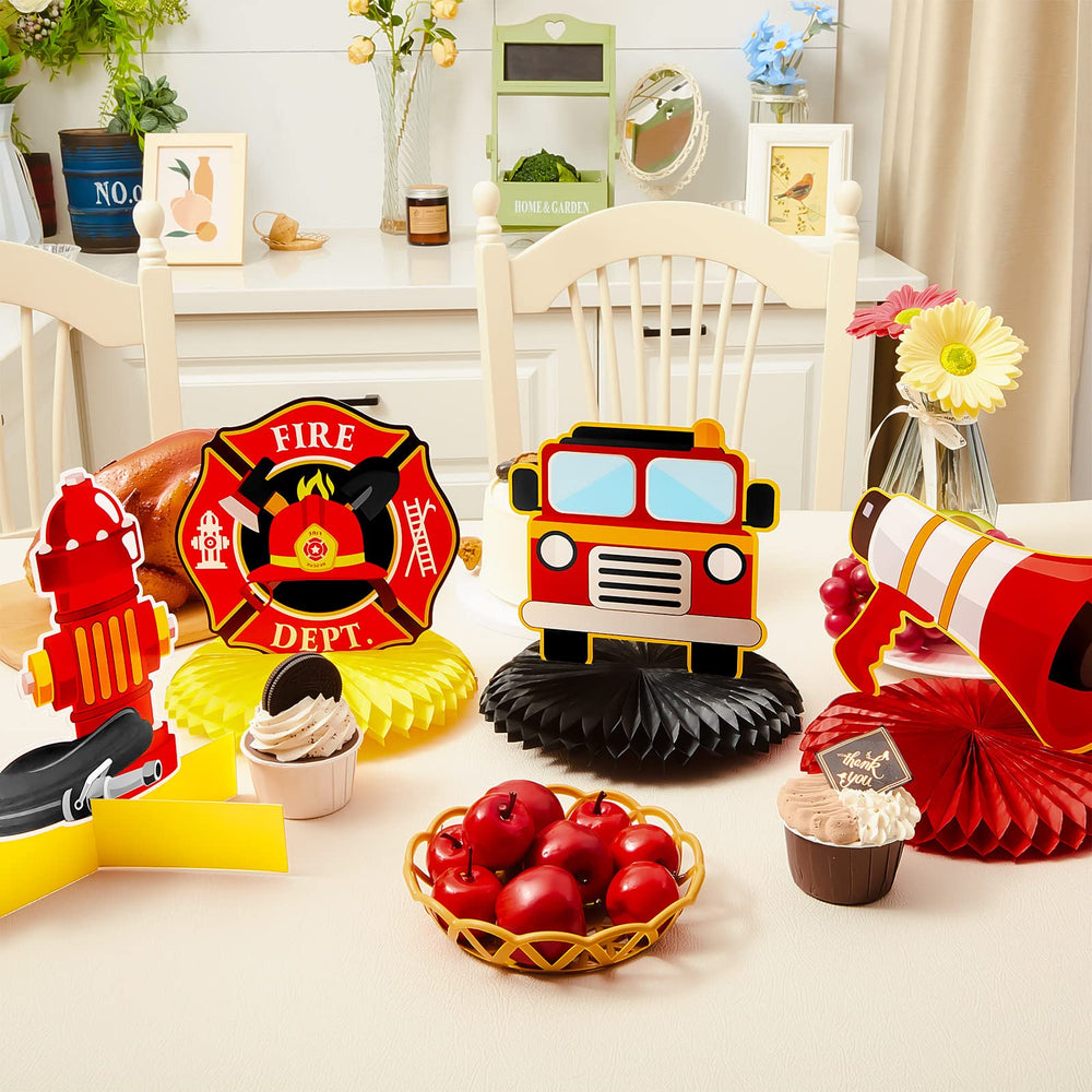 Epakh firetruck cardboard decoration complements centerpieces for a cohesive theme