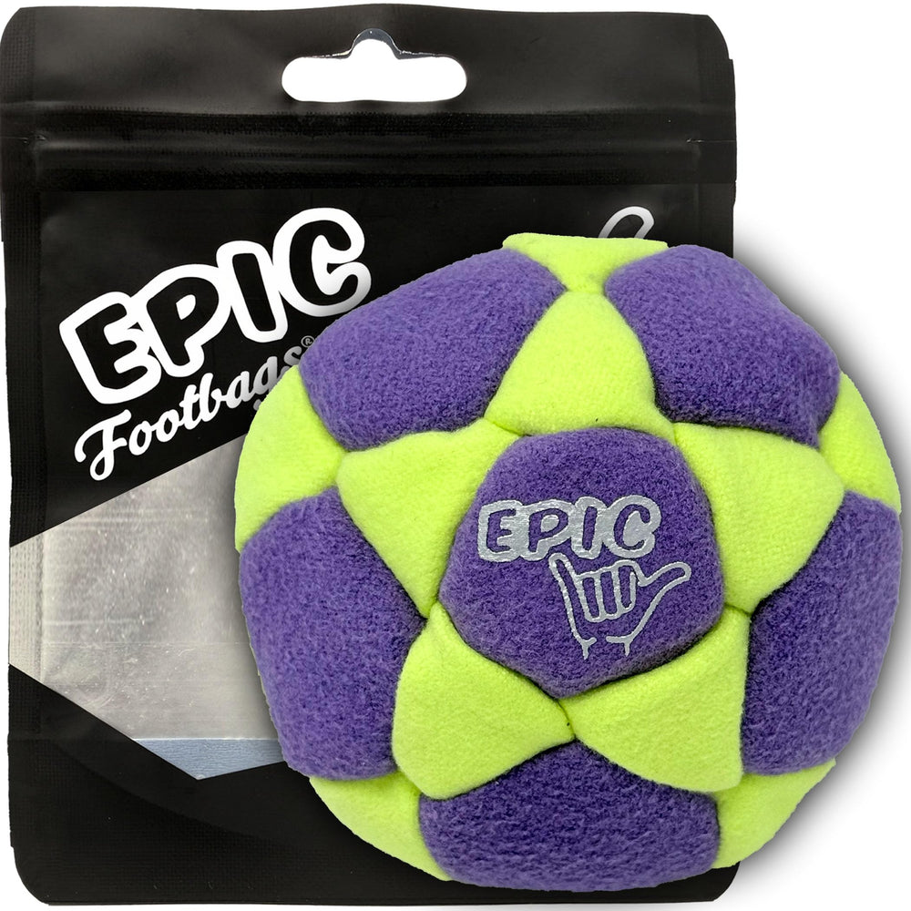 Epic Footbags Classic suede foot bag side view, durable grip for stalls.