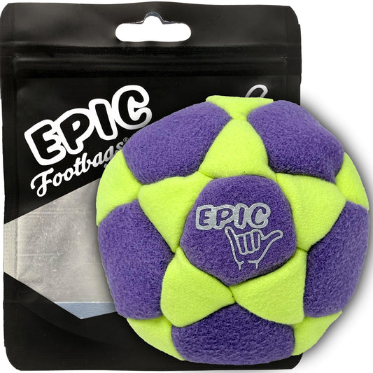 Epic Footbags Classic suede foot bag side view, durable grip for stalls.
