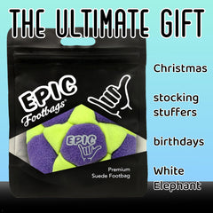 Epic Footbags Classic suede foot bag top view, soft, grippy texture.