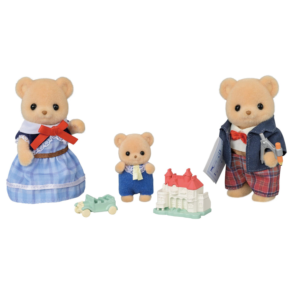 Epoch Sylvanian Families Biscuit Bears Family FS-59 ST ensemble in a cozy display for imaginative storytelling.
