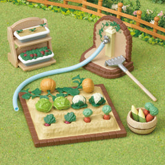 Epoch Sylvanian Vegetable Gardening Set brick-field detail enhances display-ready mini garden