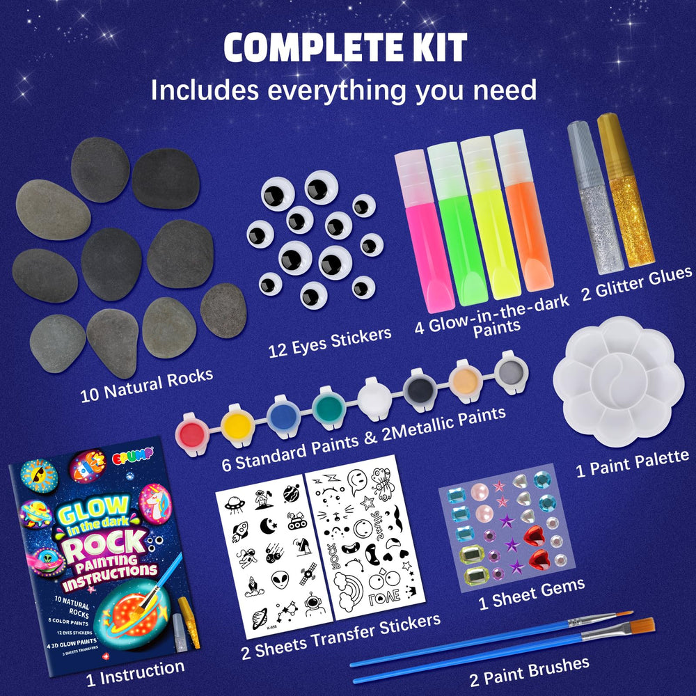EPUMP transfer gems and glitter glues for decorative rock art.