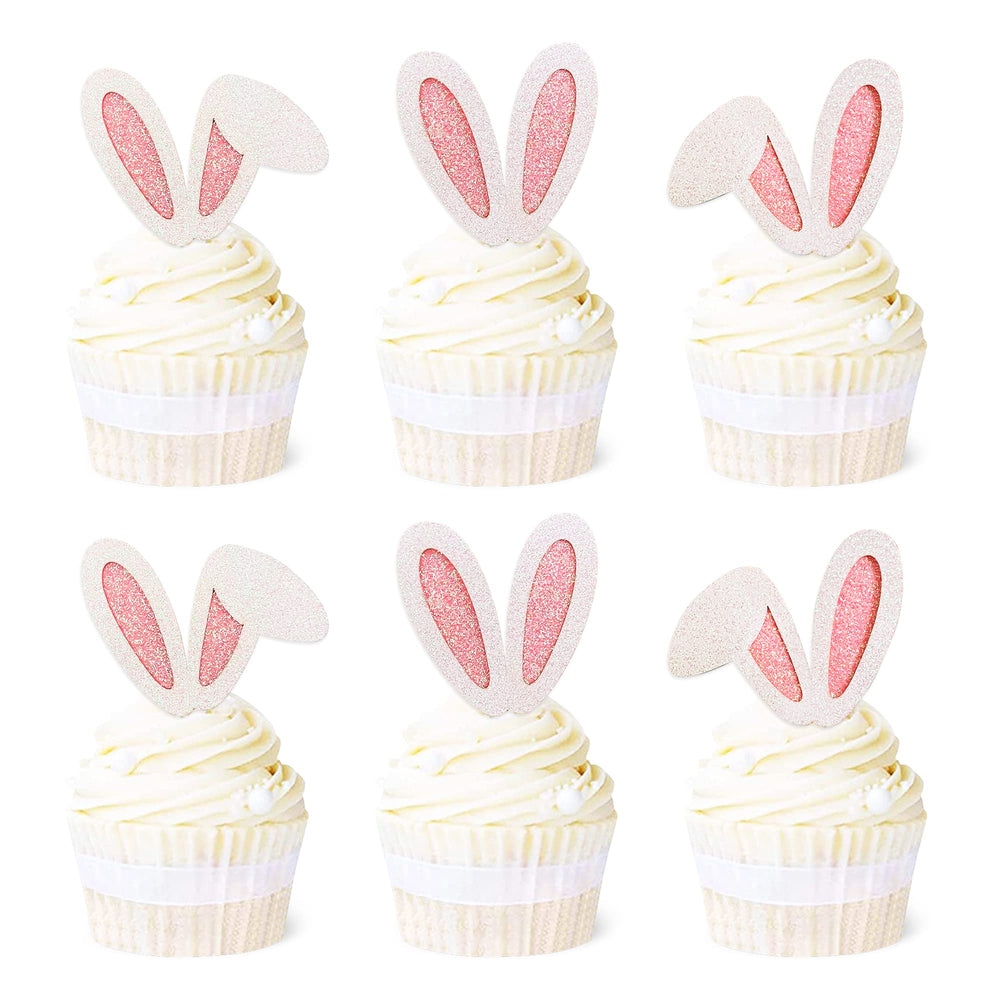 Ercadio Easter bunny ear cupcake topper with glitter pink accents for decorative desserts