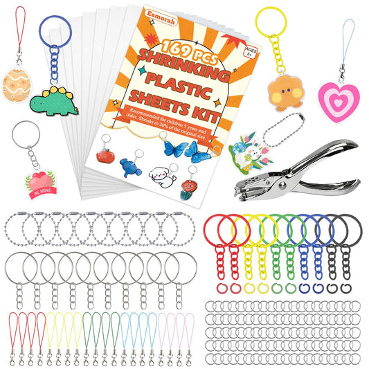 Esmorah 169-piece shrink dink kit with colorful sheets for DIY crafts.