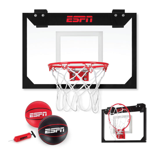 ESPN mini basketball hoop on a door with backboard for quick indoor play