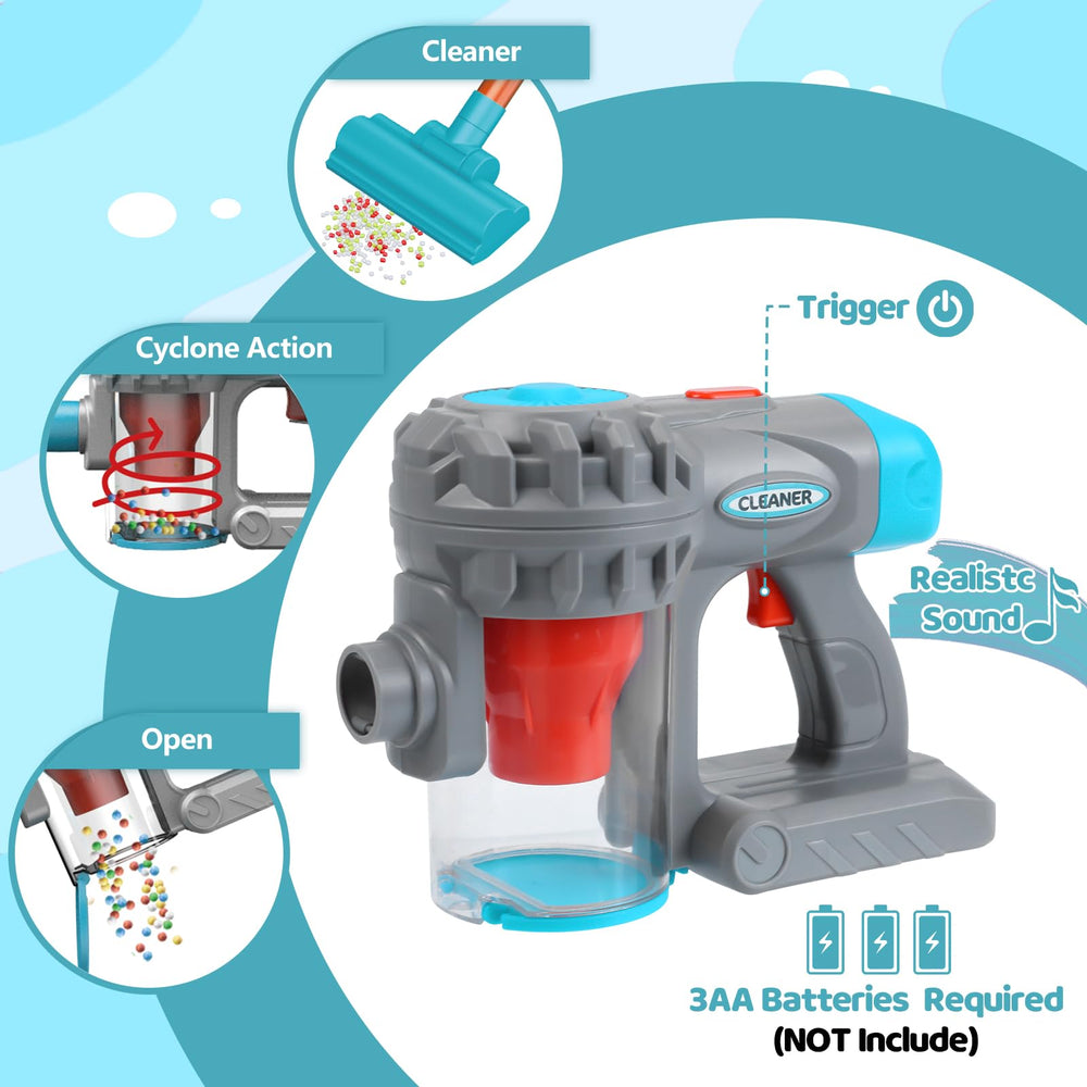 Essovee vacuum toy crevice tool reaches corners during pretend cleaning.
