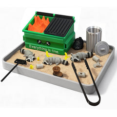 Estairkas Dumpster Fire Zen Garden desk scene offering playful stress relief and a cheeky desk focal point.