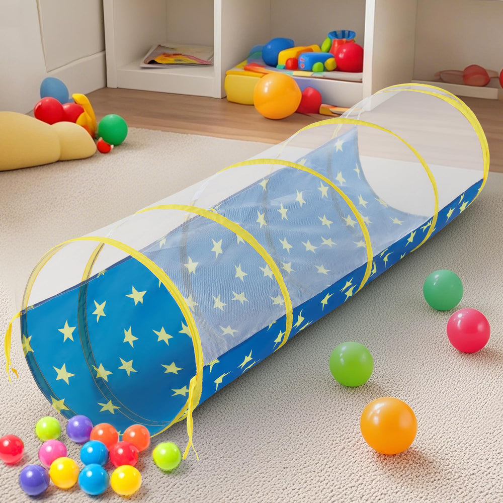 Eterish kids play tunnel in blue stars for safe indoor exploration.