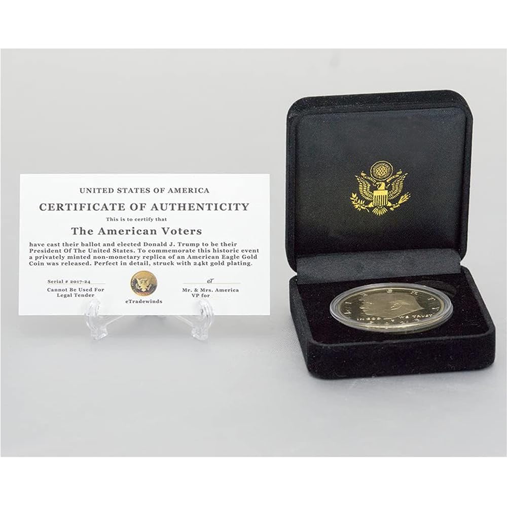 eTradewinds 24k gold-plated Trump 45-47 coin, a premium commemorative replica.