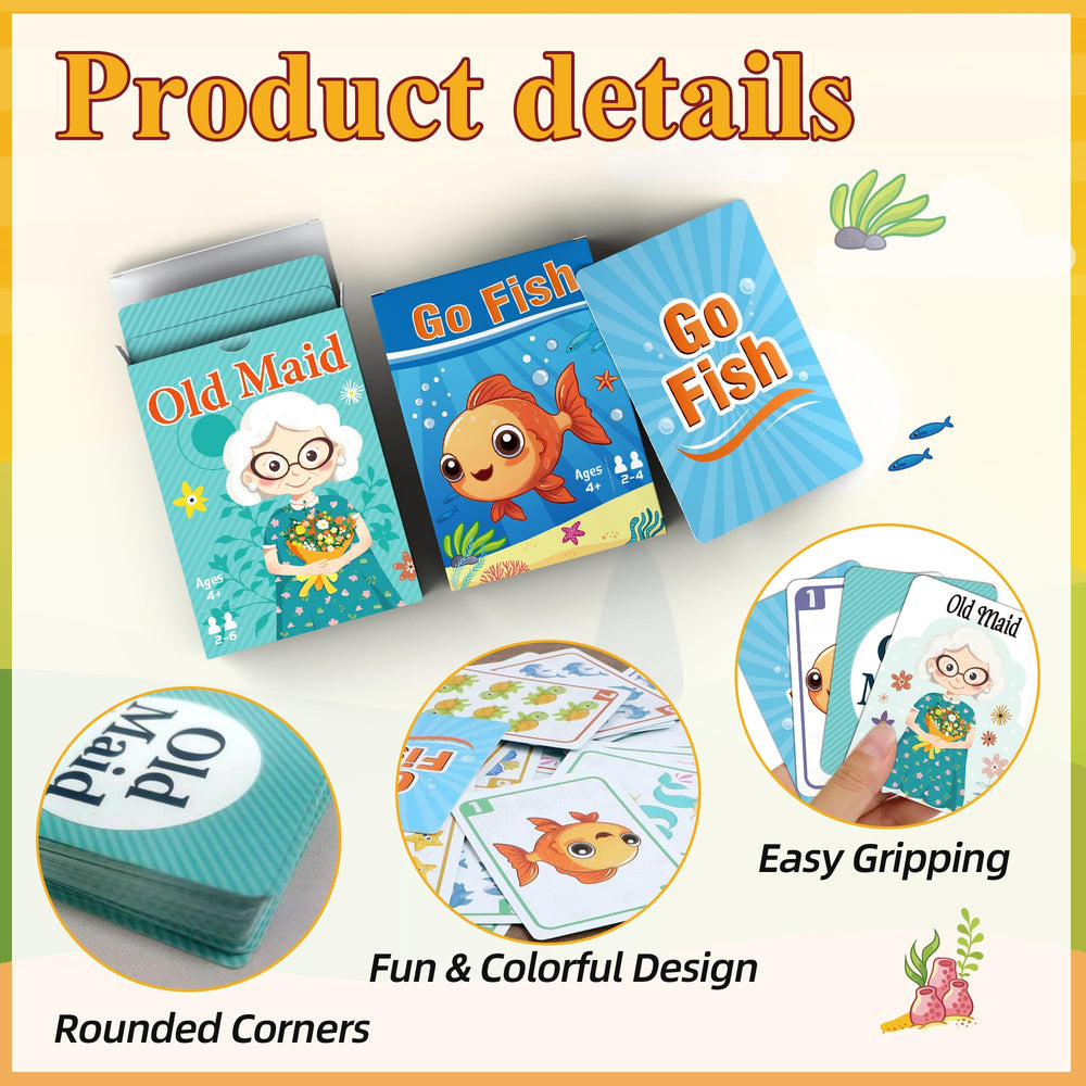 Two-deck Go Fish and Old Maid set in sturdy packaging for durable use.