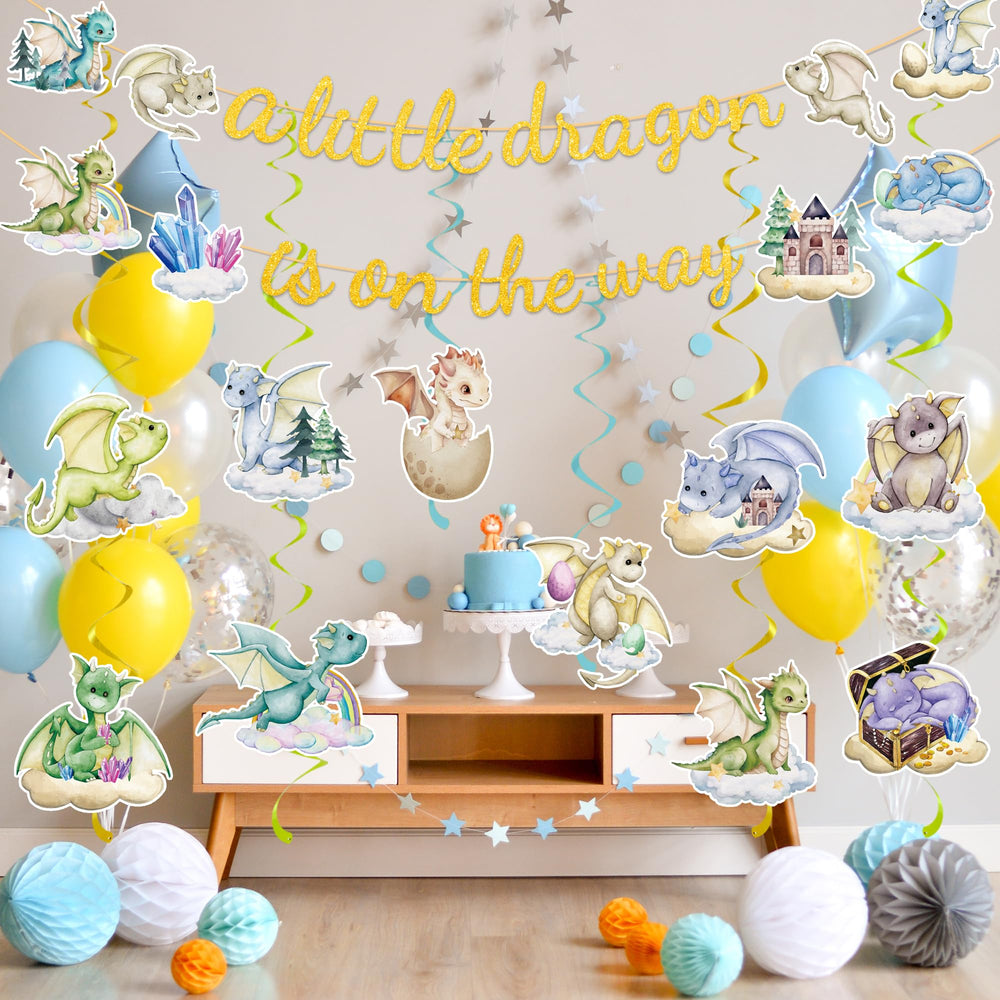 EUOYUFO cute dragon accents add castles and crystals to the party styling.