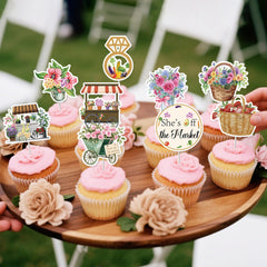 EUOYUFO Farmers market theme toppers spice up cupcake displays.