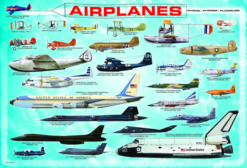 EuroGraphics Airplanes 100-piece puzzle displays diverse aircrafts, ideal for family time and learning.