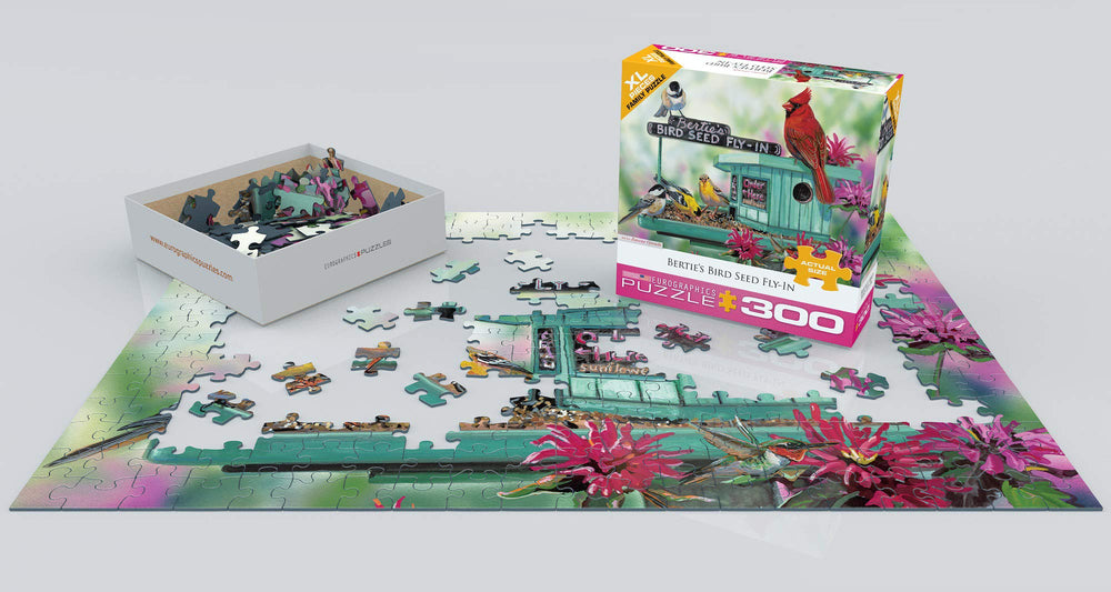 EuroGraphics Bertie's Bird Seed Fly-In scene with colorful birds evokes focus and cozy moments