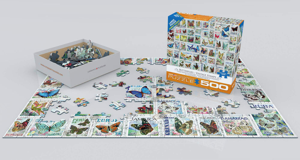 EuroGraphics Butterflies Vintage Stamps finished puzzle reveals vibrant stamp scene ready for display