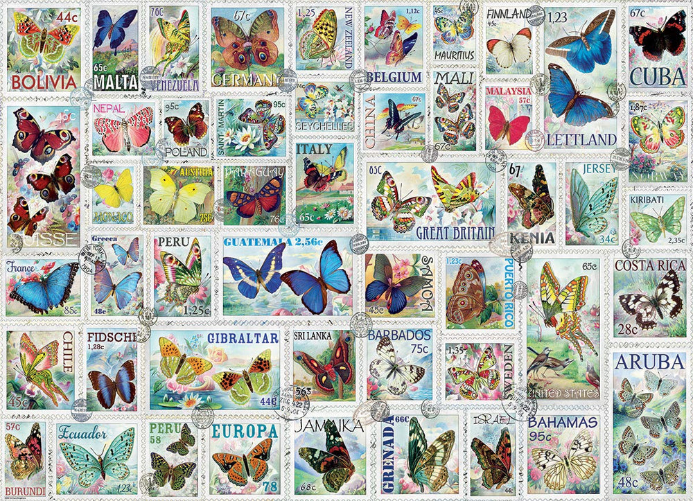 EuroGraphics Butterflies Vintage Stamps puzzle pieces close-up showing sturdy interlocks for a satisfying fit
