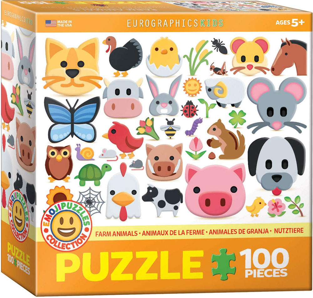 EuroGraphics Farm Animals Emojipuzzles box front with colorful farm icons for screen-free play