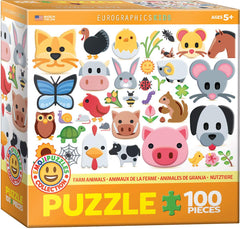 EuroGraphics Farm Animals Emojipuzzles box front with colorful farm icons for screen-free play