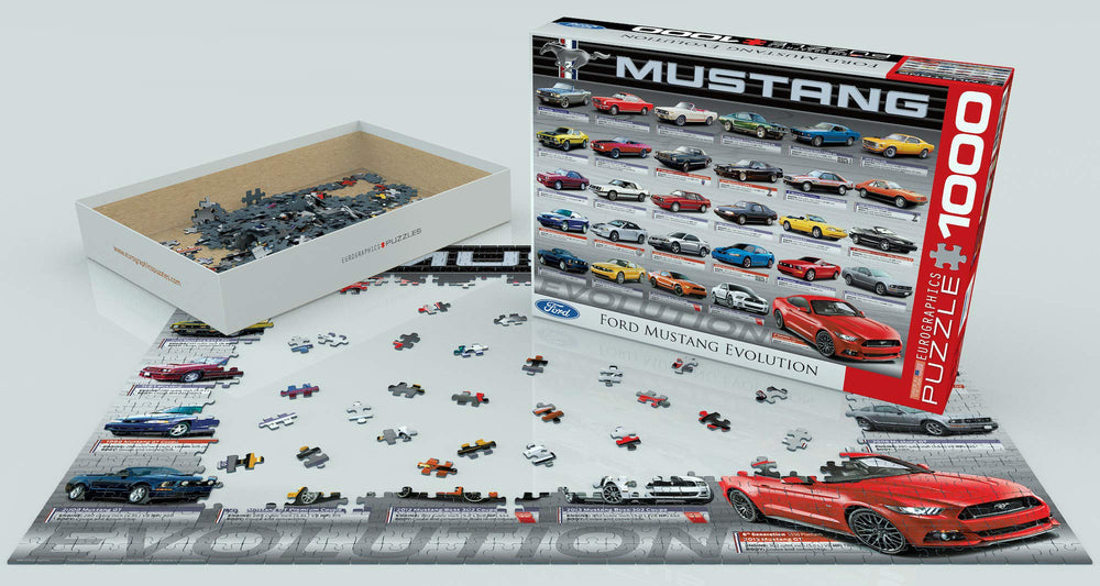 EuroGraphics Ford Mustang Evolution box highlights USA-made quality and blue board construction.