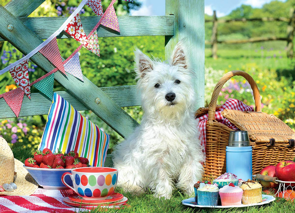 EuroGraphics Scottie Dog Picnic finished puzzle reveals a charming scene for family activities.