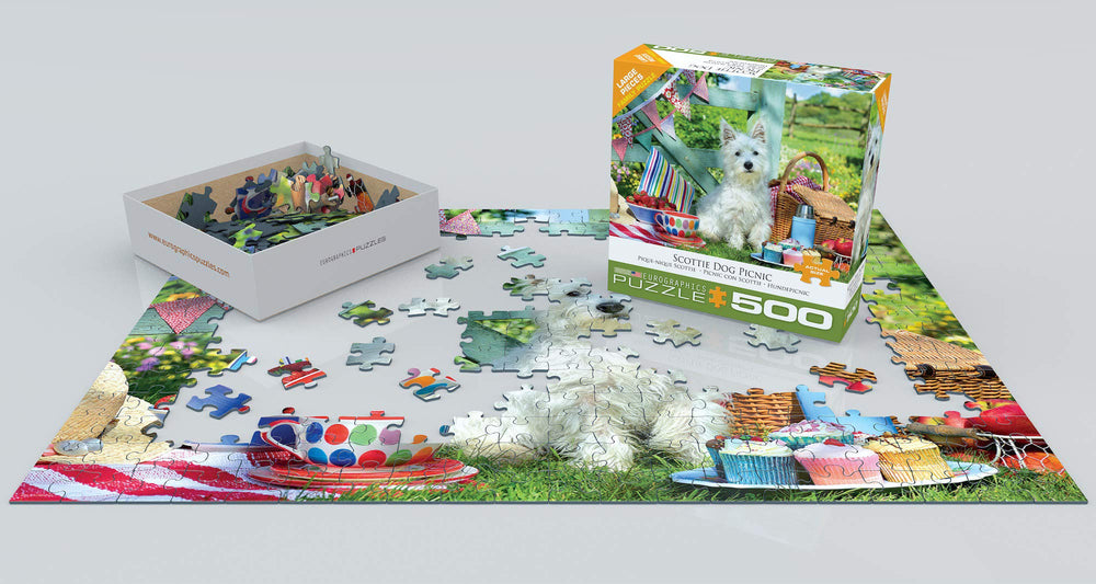 EuroGraphics Scottie Dog Picnic puzzle pieces show sturdy interlocks for smooth assembly.