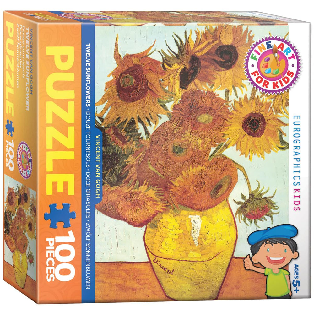 EuroGraphics Twelve Sunflowers box featuring Van Gogh art, perfect for family puzzle nights.
