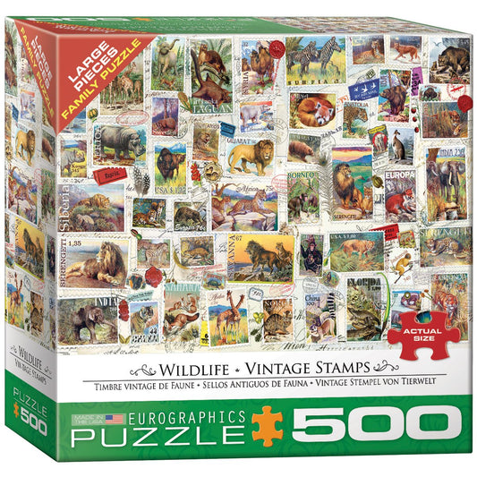 EuroGraphics Wildlife Vintage Stamps puzzle box, durable packaging for easy storage and display.