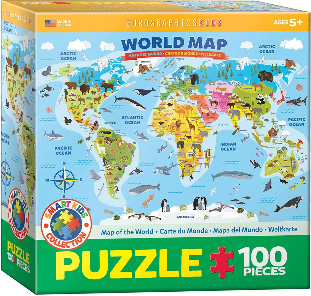 EuroGraphics world map puzzle box shows 100-piece set perfect for learning geography at home.