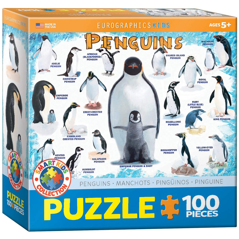 EuroGraphics penguins 100-piece puzzle box, durable pieces support easy assembly for family play.