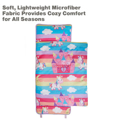 Soft microfiber cover provides cozy feel on Unicorn Dreams nap mat