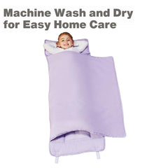 Everyday Kids lavender nap mat fold design demonstrates compact travel readiness