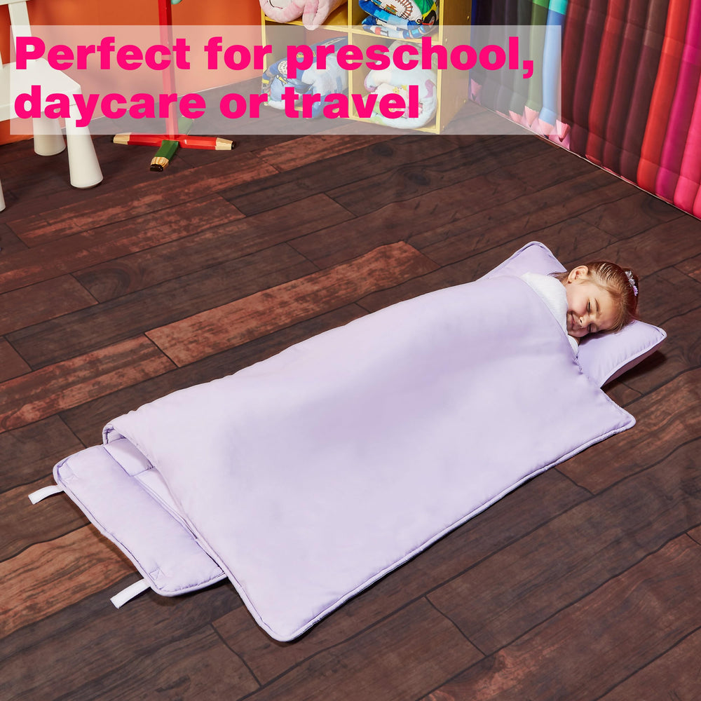Everyday Kids lavender nap mat strap-fastening keeps it secure during travel