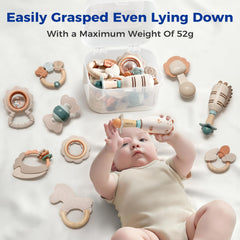 Evoceler teether with wood handle designed for tiny hands