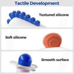 Evoceler tummy-time teether-rattle shows 4 softness levels.