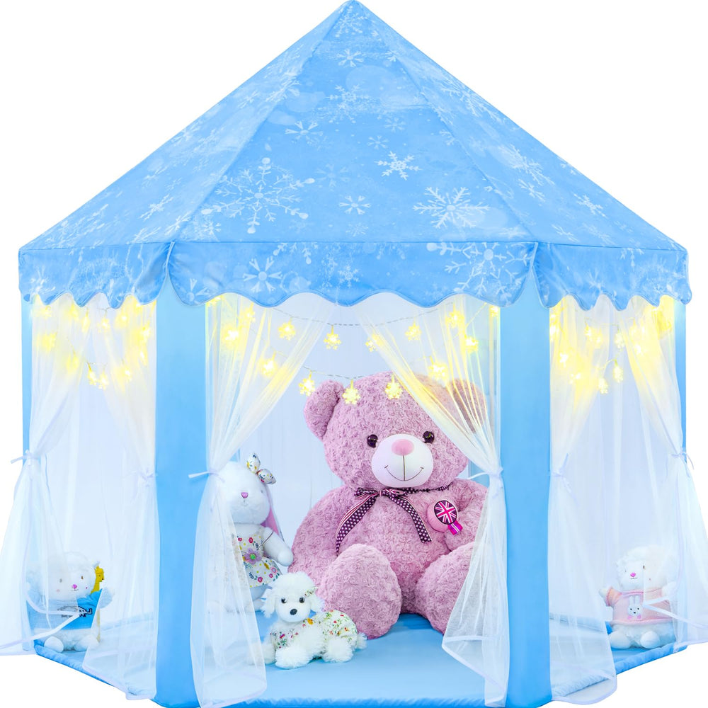 EVOIONOS Frozen Princess Tent front view highlighting castle doors and blue color for imaginative play.
