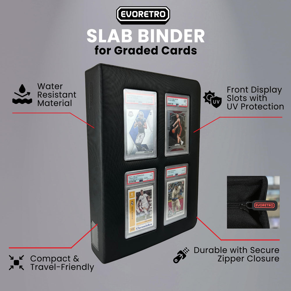 Black zip binder keeps top-loaders secure for travel.