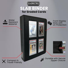 Black zip binder keeps top-loaders secure for travel.