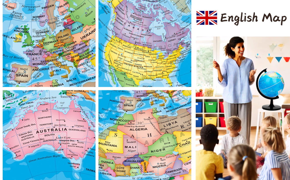Exerz education globe shows up-to-date political map for exploration.