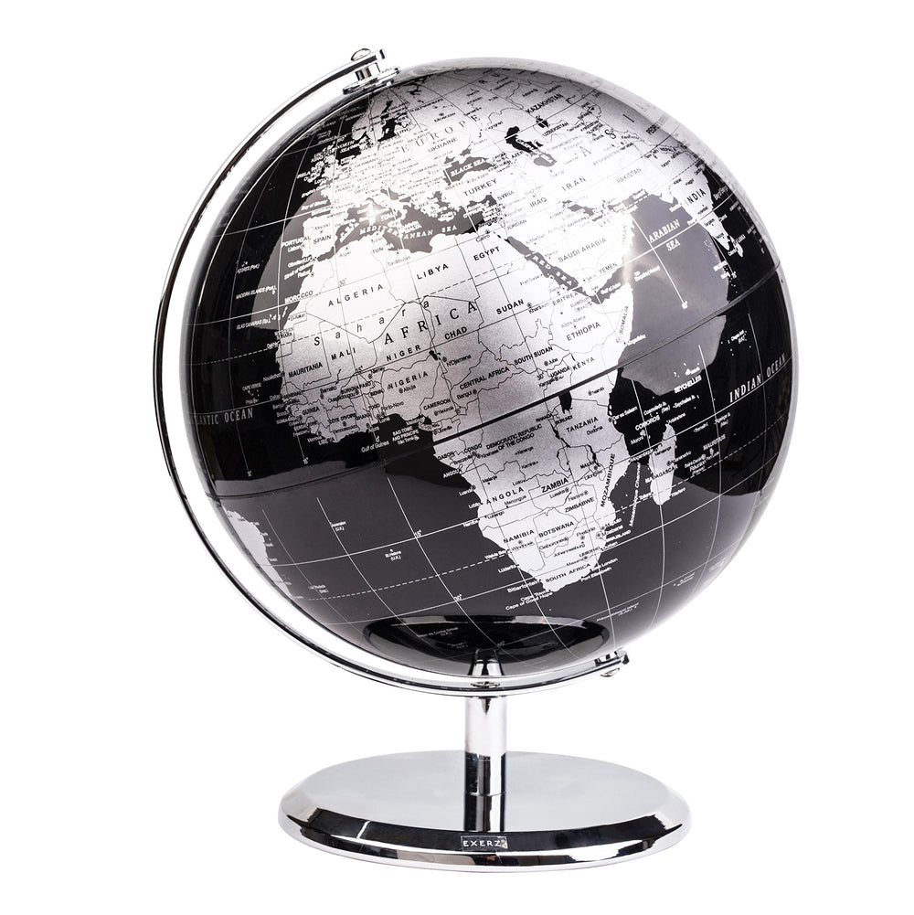 Exerz metallic black globe on arc base for a sleek desk display