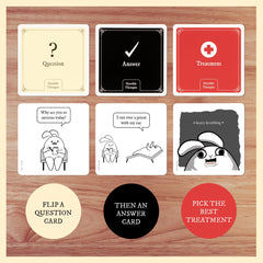 Exploding Kittens Horrible Therapist players laughing during a round.