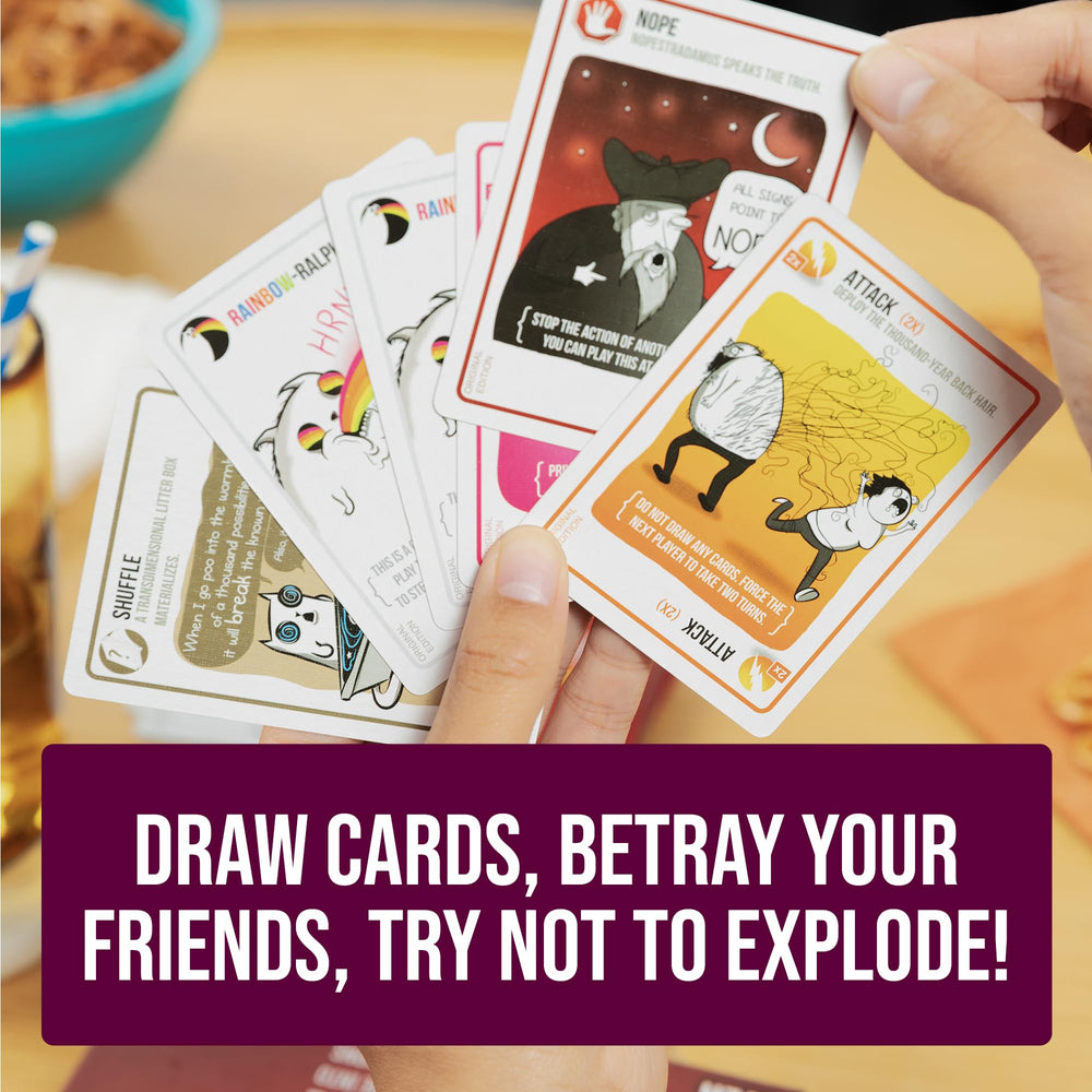 Exploding Kittens Party Pack action-cards highlight playful sabotage perfect for lively rounds.