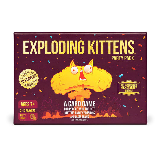 Exploding Kittens Party Pack cards spread for quick setup and nonstop laughs at game night.