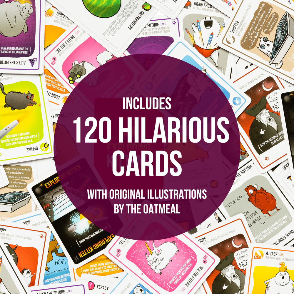 Exploding Kittens Party Pack game-setup layout shows simple rules for 2-10 players.