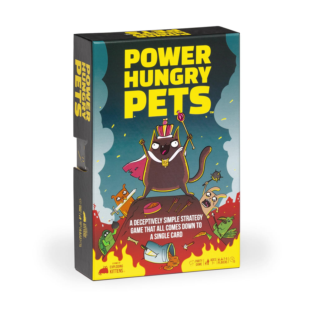Exploding Kittens Power Hungry Pets front cover invites family game night with bright art