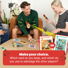 Players around a table playing Exploding Kittens Power Hungry Pets