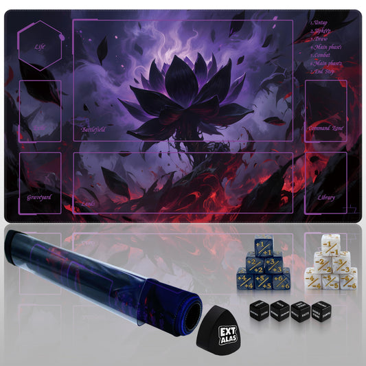 Extalas MTG Playmat Dark Flame Lotus artwork enhances immersion and card protection.
