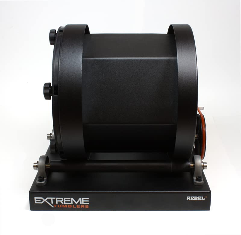 Extreme Tumblers Rebel 17 base and motor view emphasizing heavy-duty sealed bearings and stable stand.