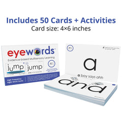 Eyewords sight word cards back view with text prompts for independent practice.