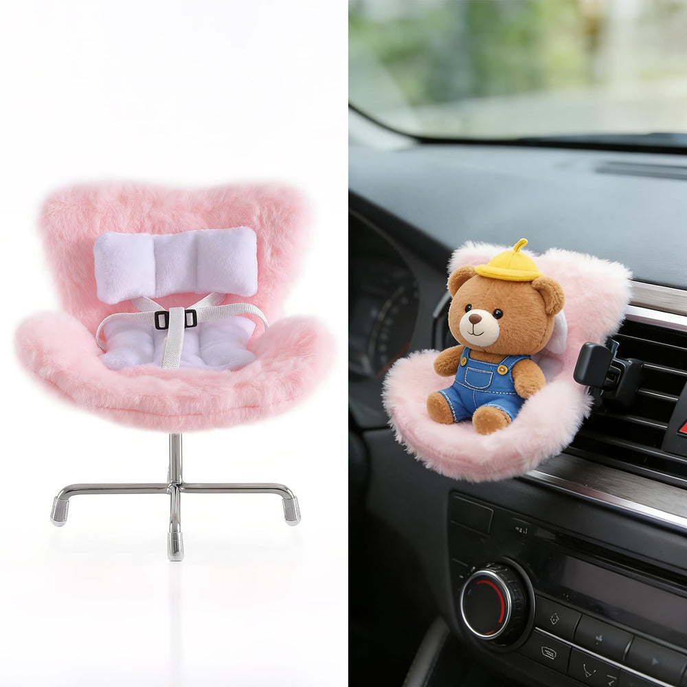 Ezcora doll car seat clipped to air vent in pink for secure roadside display.
